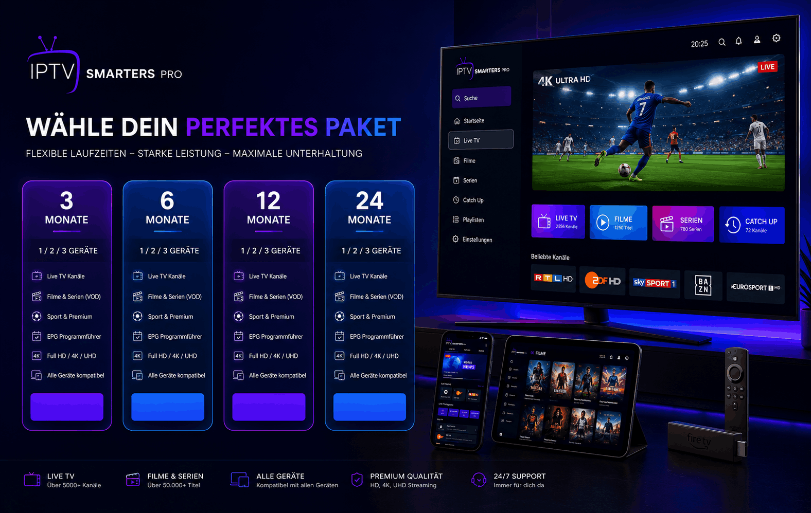 IPTV Pakete für Smart TV Tablet Smartphone und Fire TV Stick